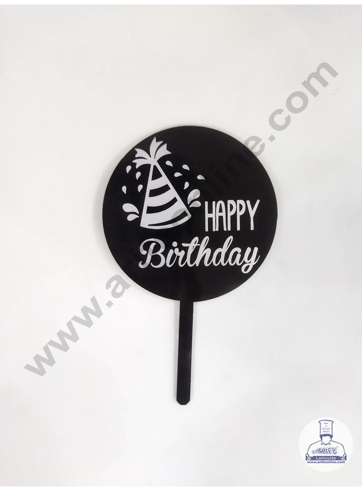 Cake Decor 5 Inches Digital Printed Cake Toppers - Happy Birthday With Black Silver Cap