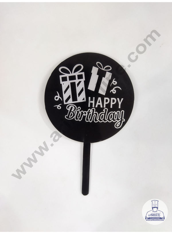 Cake Decor 5 Inches Digital Printed Cake Toppers - Happy Birthday With Black Silver Gift Box