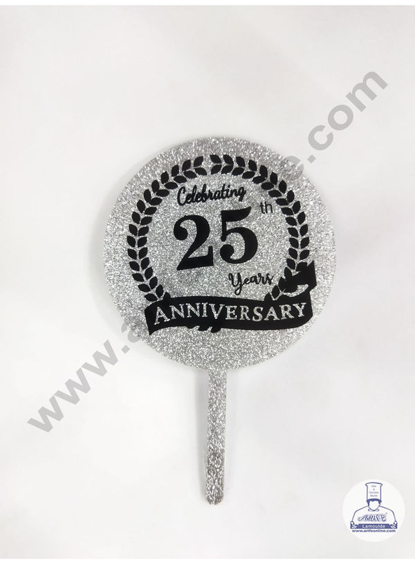 Cake Decor 5 Inches Digital Printed Cake Toppers - Celebrating 25th Years Anniversary With Silver Shiny Black Leafs