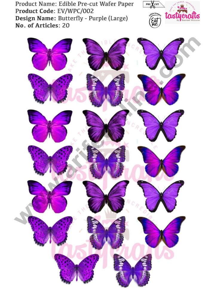Cake Decor Edible Pre Cut Wafer Paper - Butterfly Purple Cake Topper- Large (Set of 20 pcs)
