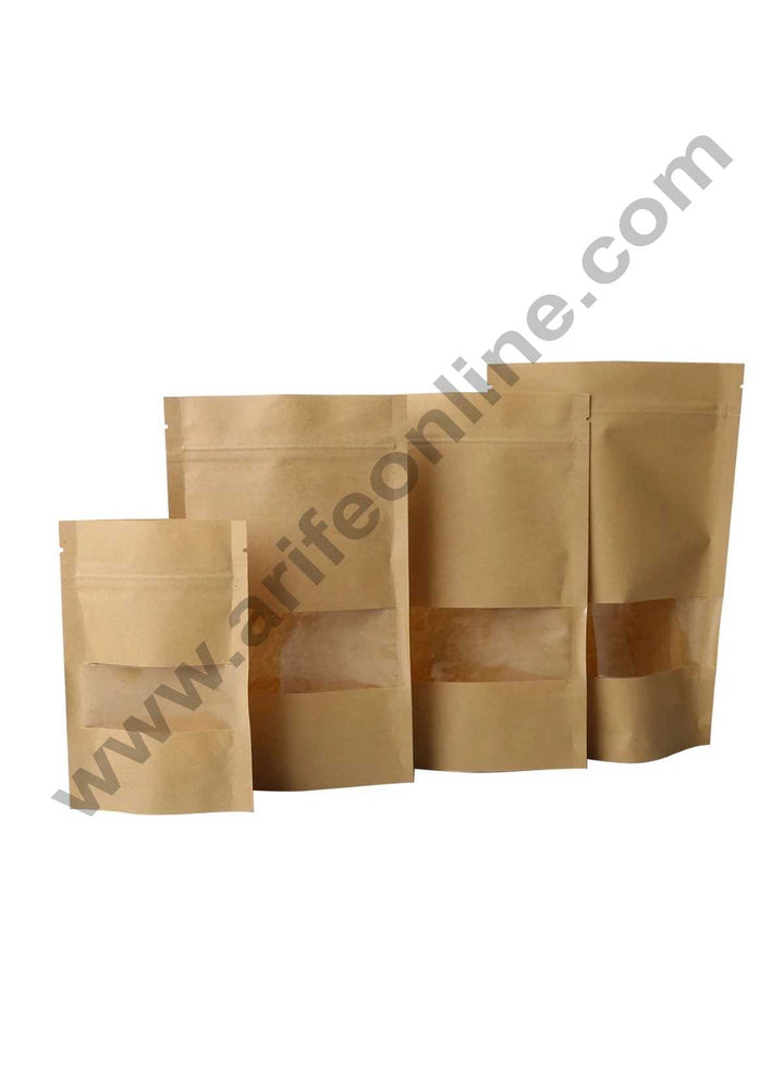 Cake Decor Brown Pouch with Window Zipper Plastics and Chocolate Dry Fruit (Pack of 10)