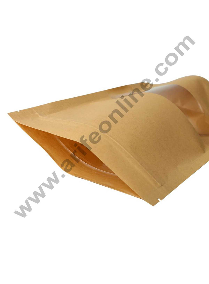 Cake Decor Brown Pouch with Window Zipper Plastics and Chocolate Dry Fruit (Pack of 10)
