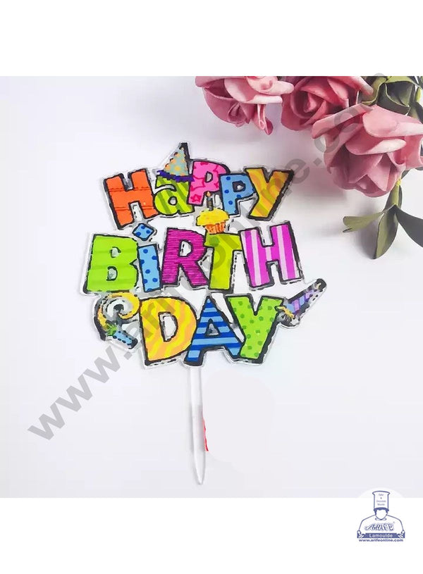 Cake Decor Imported Mirror Acrylic Cake and Cupcake Topper - Golden Colorful Happy Birthday Topper With Cap And Cupcake (SBMT-5051)