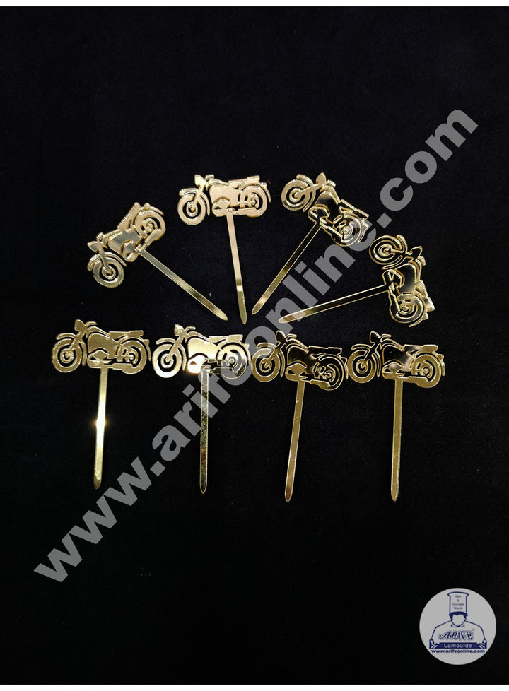 Cake Decor Bullet Bike Shape Acrylic Cupcake Topper Set Of 8 Pieces - Gold