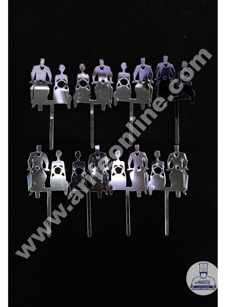 Cake Decor Couple On Bike Acrylic Cupcake Topper Set Of 8 Pieces - Silver