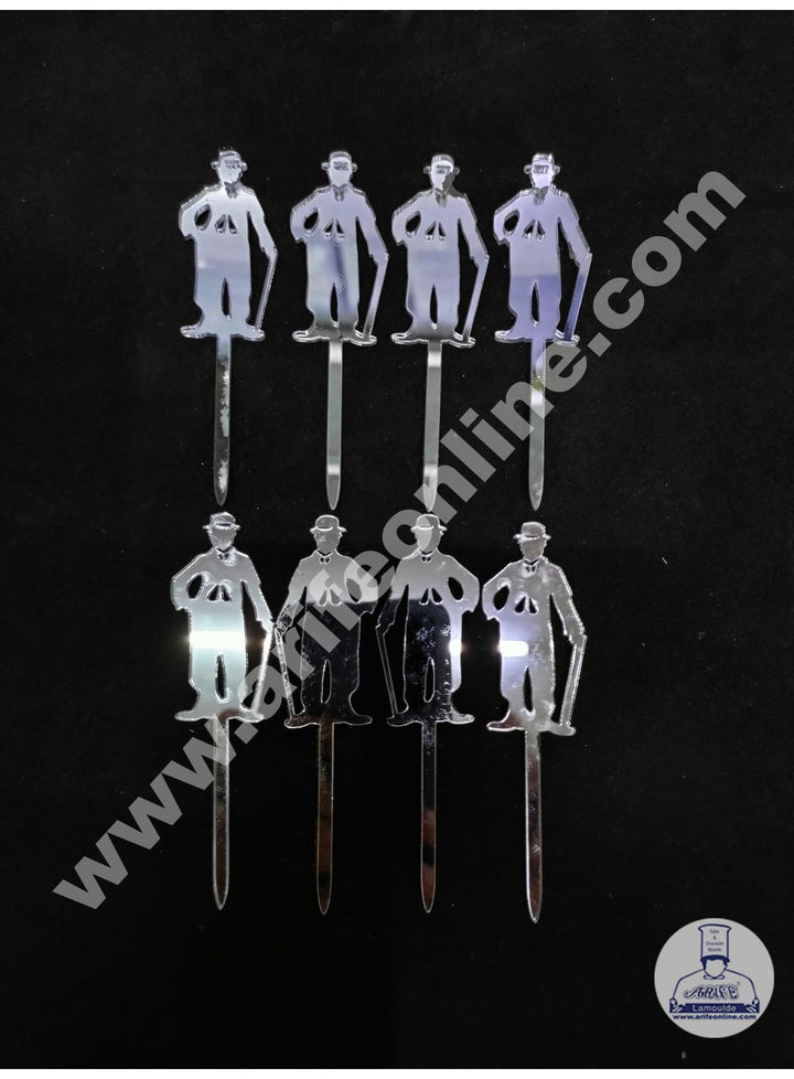 Cake Decor Charlie Chaplin Acrylic Cupcake Topper Set Of 8 Pieces - Silver