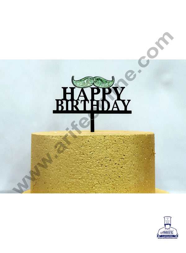 Cake Decor Exclusive Acrylic 3D Glitter Cake Topper - Black Happy Birthday With Mustache