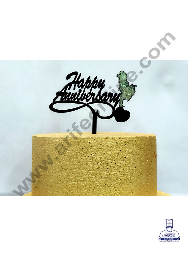 Cake Decor Exclusive Acrylic 3D Glitter Cake Topper - Black Happy Anniversary With Couple
