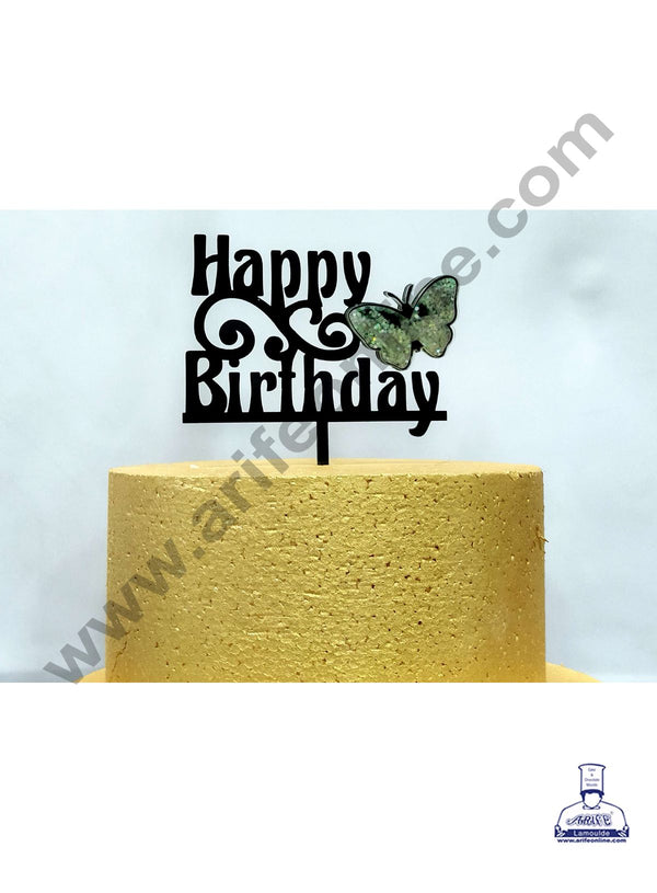 Cake Decor Exclusive Acrylic 3D Glitter Cake Topper - Black Happy Birthday With ButterflyCake Decor Exclusive Acrylic 3D Glitter Cake Topper - Black Happy Birthday With Butterfly