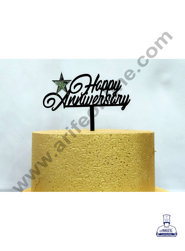 Cake Decor Exclusive Acrylic 3D Glitter Cake Topper - Black Happy Anniversary With Star