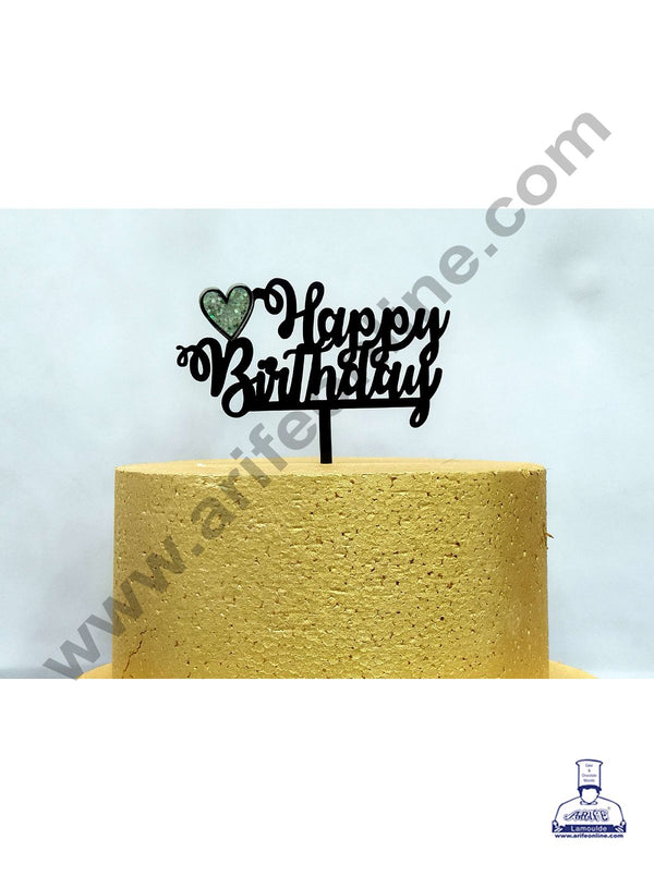 Cake Decor Exclusive Acrylic 3D Glitter Cake Topper - Black Happy Birthday With Heart