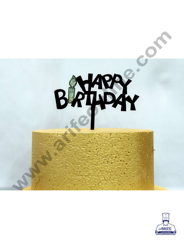 Cake Decor Exclusive Acrylic 3D Glitter Cake Topper - Black Happy Birthday With Small Candle
