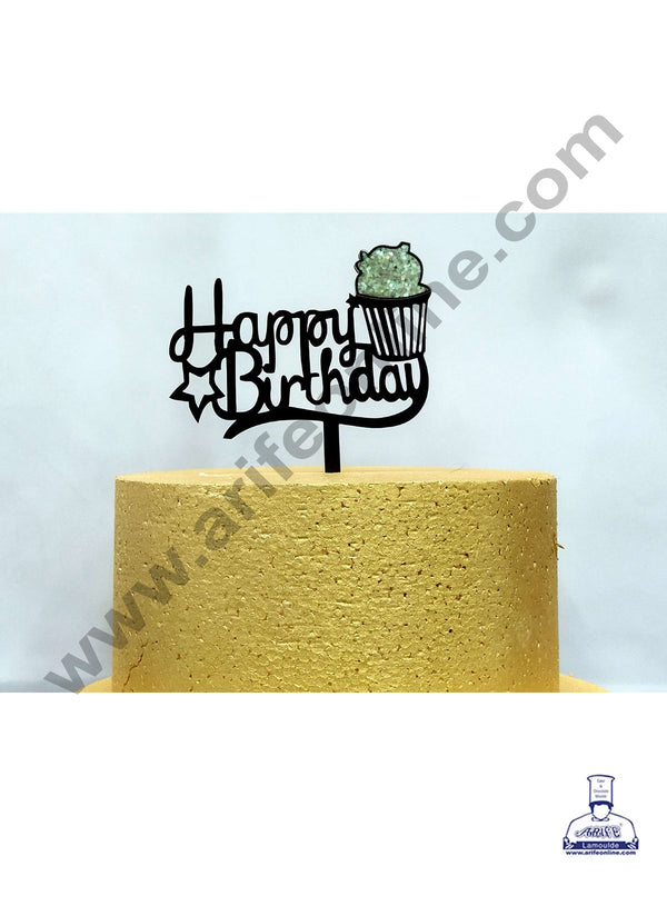 Cake Decor Exclusive Acrylic 3D Glitter Cake Topper - Black Happy Birthday With Cupcake