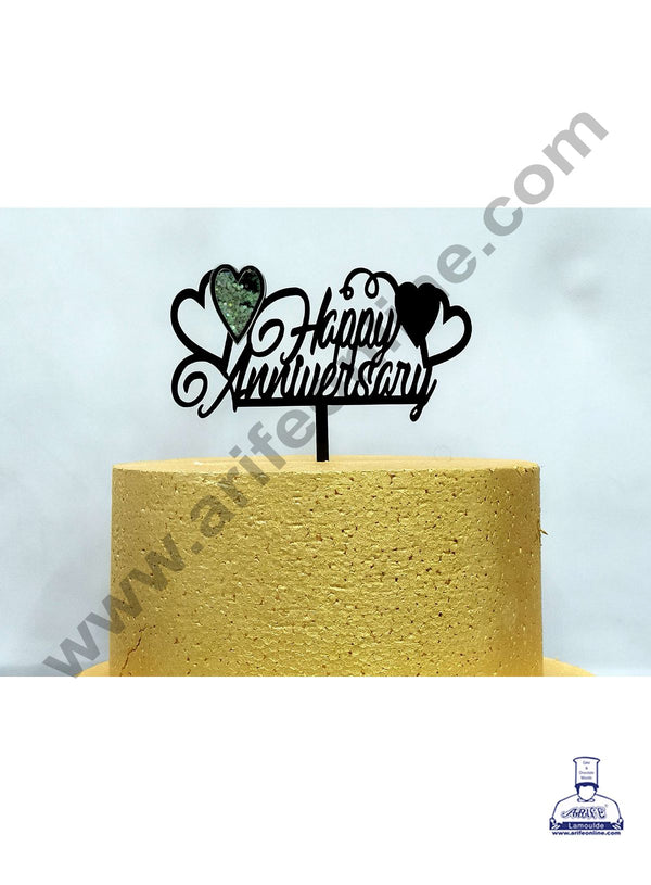 Cake Decor Exclusive Acrylic 3D Glitter Cake Topper - Black Happy Anniversary With Double Heart