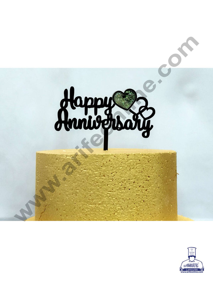 Cake Decor Exclusive Acrylic 3D Glitter Cake Topper - Black Happy Anniversary With Heart