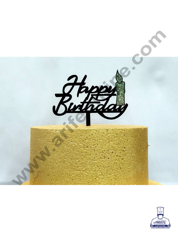 Cake Decor Exclusive Acrylic 3D Glitter Cake Topper - Black Happy Birthday With Candle