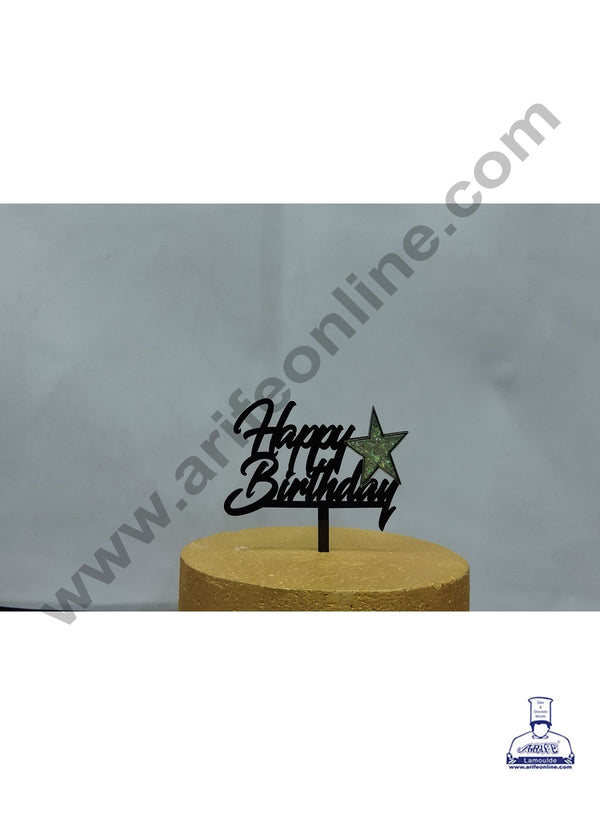 Cake Decor Exclusive Acrylic 3D Glitter Cake Topper - Black Happy Birthday With Big Star