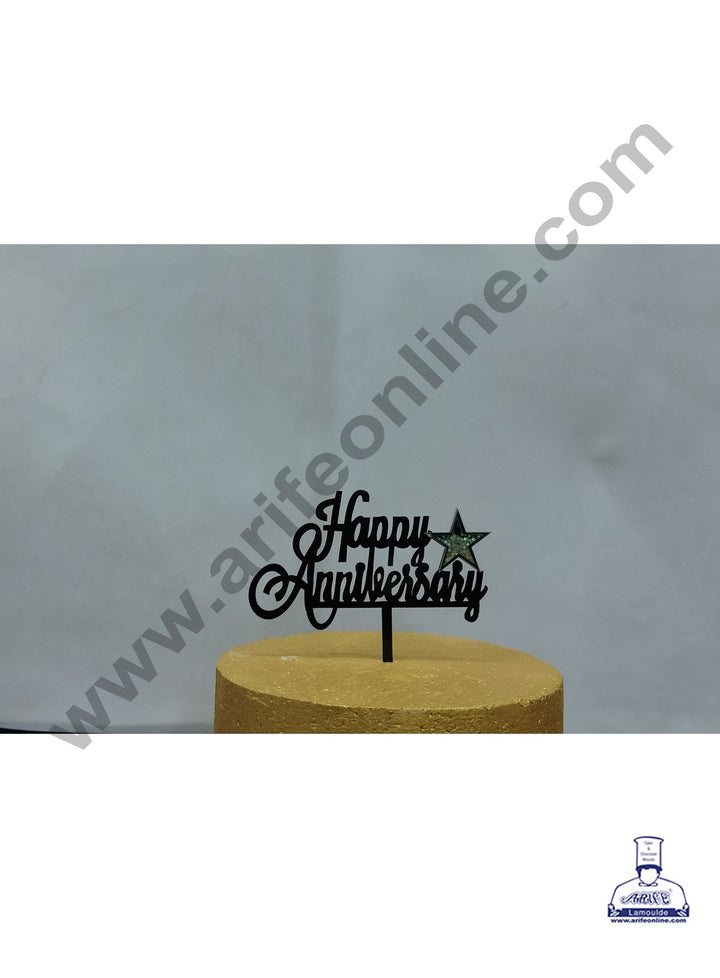 Cake Decor Exclusive Acrylic 3D Glitter Cake Topper - Black Happy Anniversary With Star