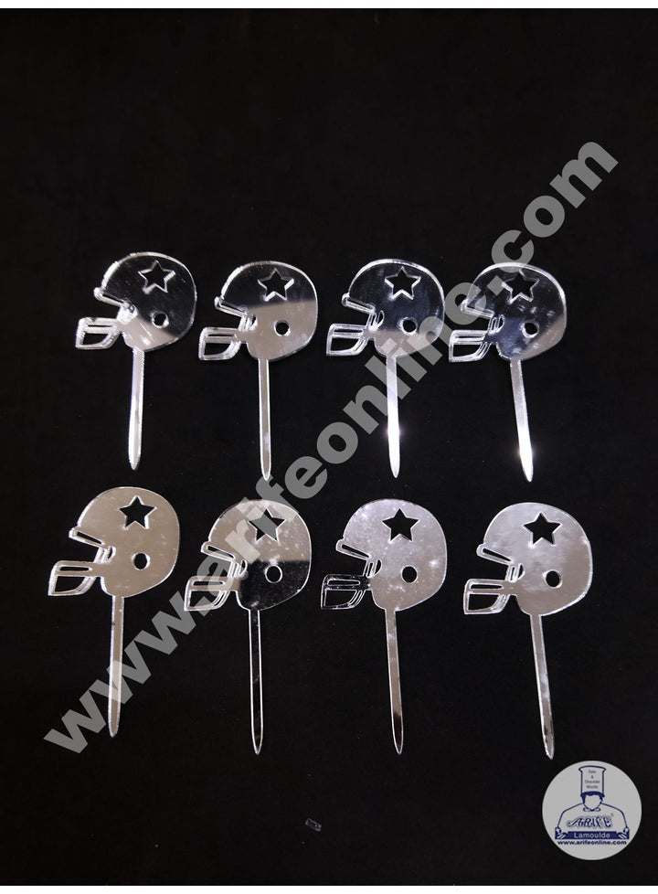 Cake Decor Sport Helmet Acrylic Cupcake Topper Set Of 8 Pieces - Silver