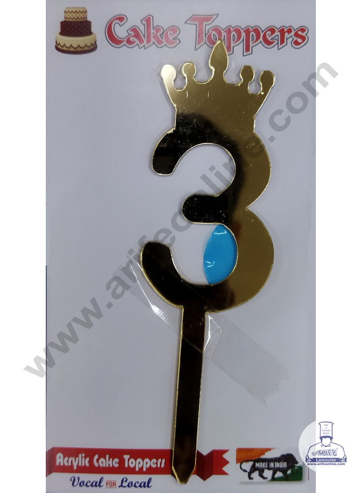 Cake Decor 5 Inch Acrylic Golden Number Toppers - Three Number With Crown