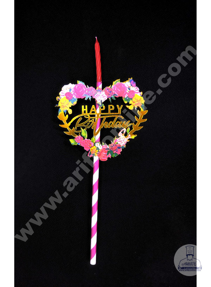 Cake Decor Acrylic Happy Birthday Topper Roses With Candle For Cake And Cupcake ( SBMT-ATC-004 )
