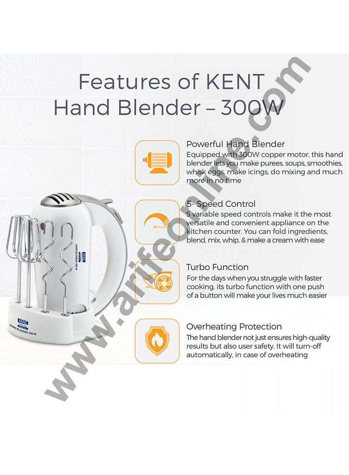 KENT Hand Blender With Stand Lightweight Hand Mixer With Chrome Beater + Dough Hook (300-Watt)