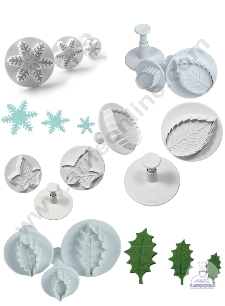 Cake Decor Plastic Plunger Cutters COMBO , 3 Pieces Snowflakes Cutters , 3 Pieces Holy Leaf Cutters , 3 Pieces Big Rose Leaf Cutters , 3 Pieces Ivy Leaf Cutters , 3 Pieces Small Rose Leaf Cutters