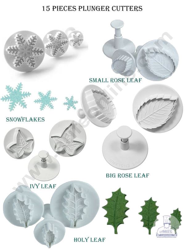 Cake Decor Plastic Plunger Cutters COMBO , 3 Pieces Snowflakes Cutters , 3 Pieces Holy Leaf Cutters , 3 Pieces Big Rose Leaf Cutters , 3 Pieces Ivy Leaf Cutters , 3 Pieces Small Rose Leaf Cutters