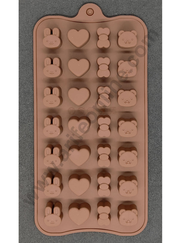 Cake Decor Silicon 28 Cavity Heart Bow Teddy Design Brown Chocolate Mould, Ice Mould, Chocolate Decorating Mould