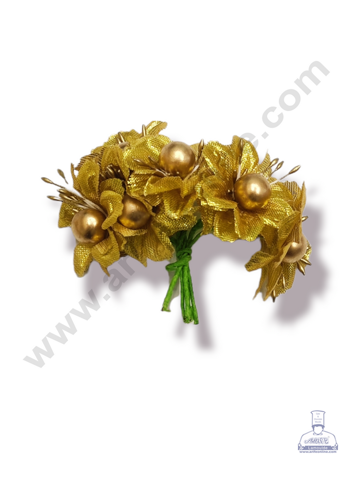Cake Decor™ Medium Gold Stick Flower Artificial Flower For Cake Decoration – Gold ( 1 Bunch )