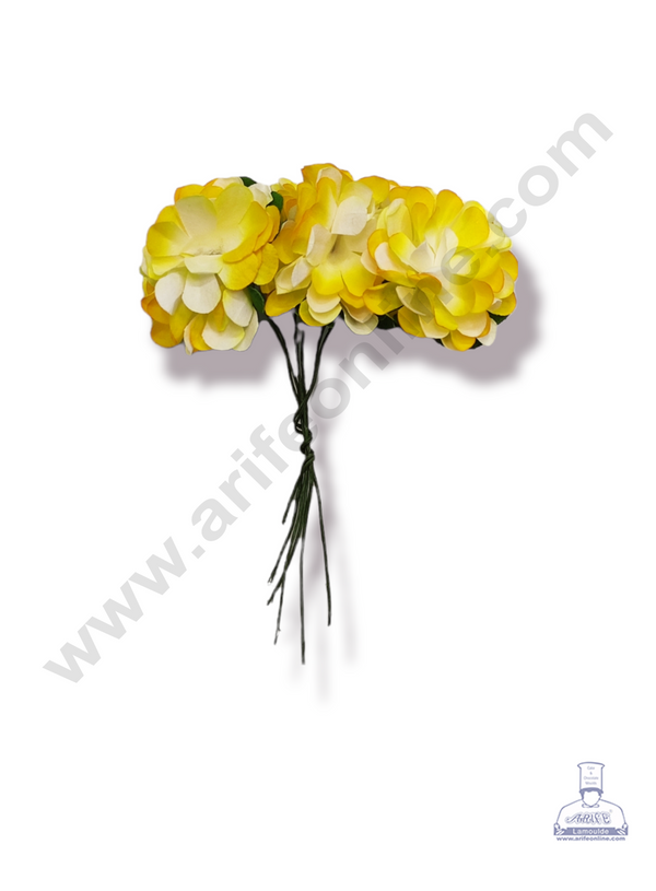 Cake Decor™ Medium Paper Flower Artificial Flower For Cake Decoration – Yellow ( 1 Bunch )