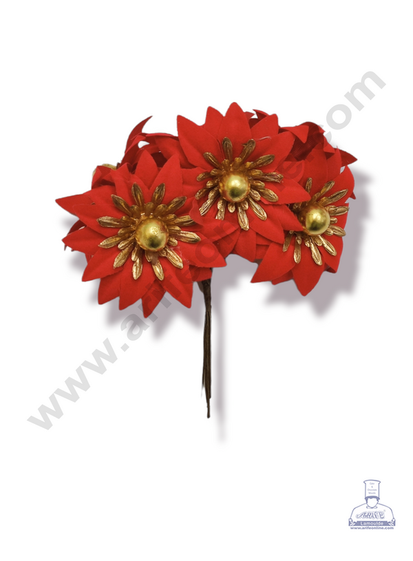Cake Decor™ Medium Red Flower Artificial Flower For Cake Decoration – Red ( 1 Bunch )