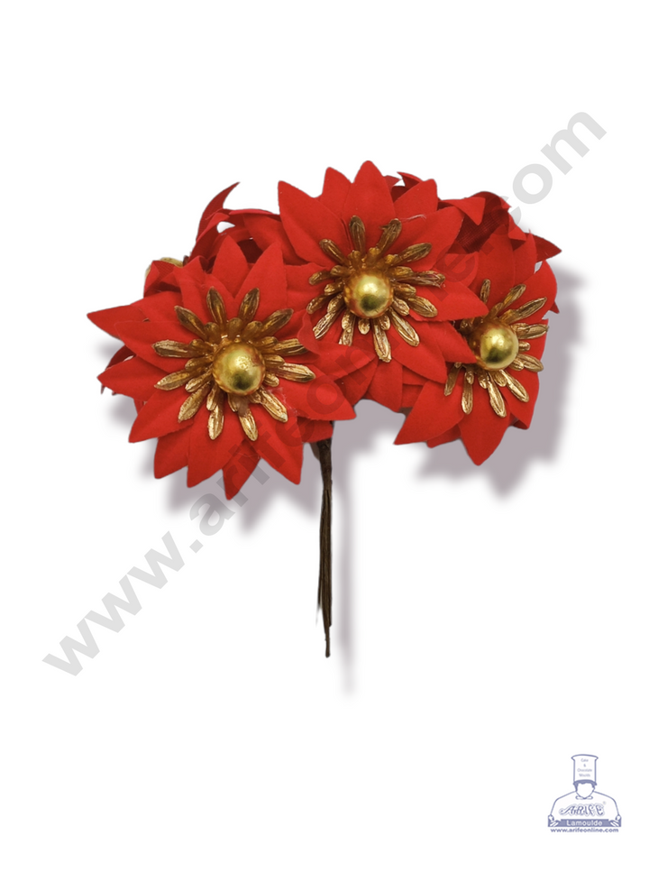 Cake Decor™ Medium Red Flower Artificial Flower For Cake Decoration – Red ( 1 Bunch )