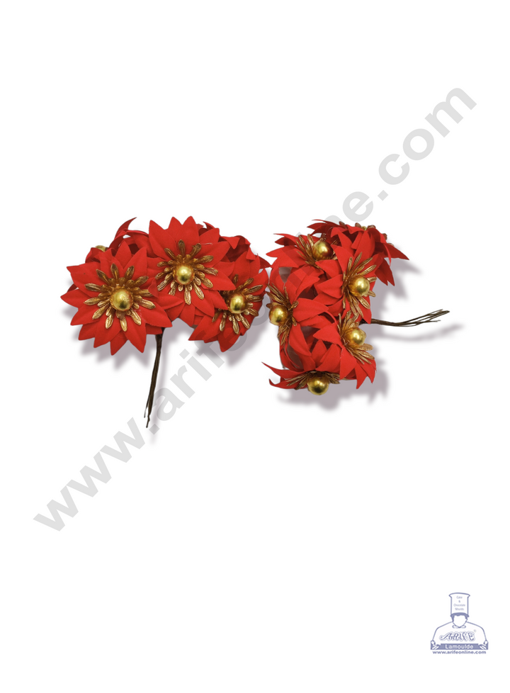 Cake Decor™ Medium Red Flower Artificial Flower For Cake Decoration – Red ( 1 Bunch )