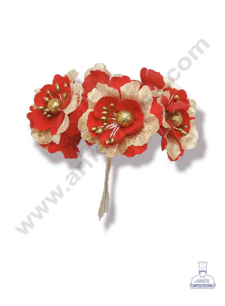 Cake Decor™ Medium Red Flower With Golden Petal Artificial Flower For Cake Decoration – Red ( 1 Bunch )