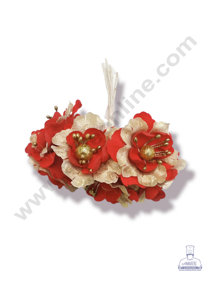 Cake Decor™ Medium Red Flower With Golden Petal Artificial Flower For Cake Decoration – Red ( 1 Bunch )