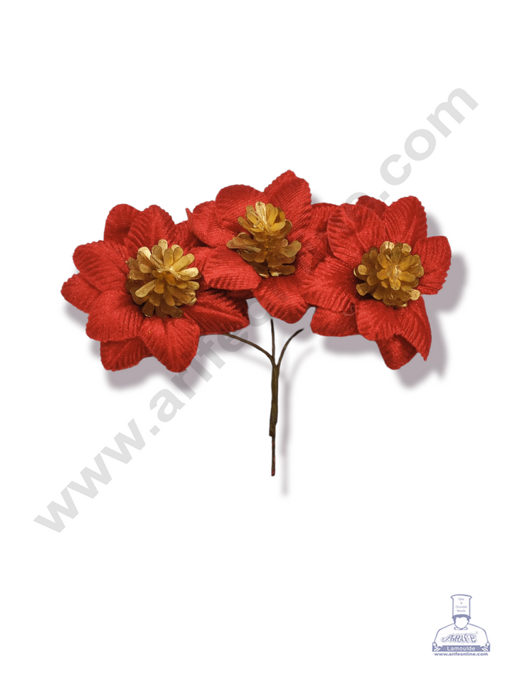 Cake Decor™ Medium Velvet Flower With Golden Petal Artificial Flower For Cake Decoration – Red ( 1 Bunch )