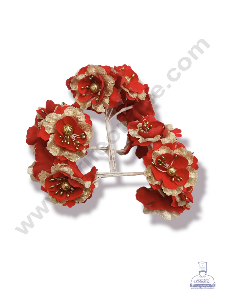 Cake Decor™ Medium Red Flower With Golden Petal Artificial Flower For Cake Decoration – Red ( 1 Bunch )