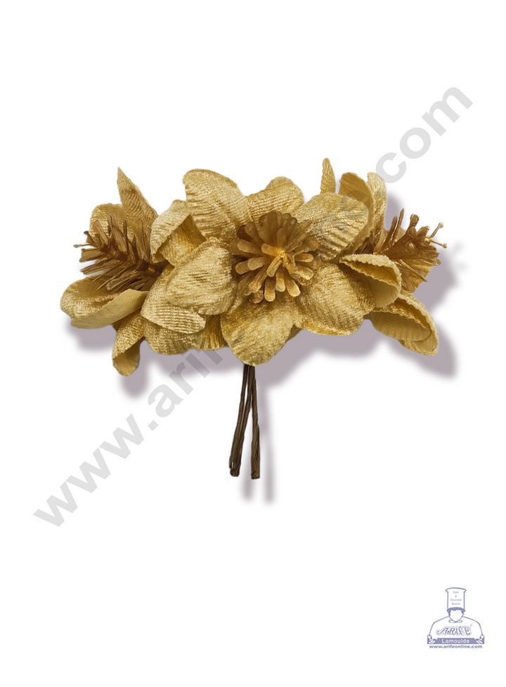 Cake Decor™ Medium Velvet Flower With Golden Petal Artificial Flower For Cake Decoration – Gold ( 1 Bunch )