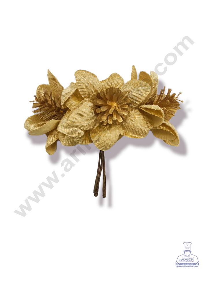 Cake Decor™ Medium Velvet Flower With Golden Petal Artificial Flower For Cake Decoration – Gold ( 1 Bunch )