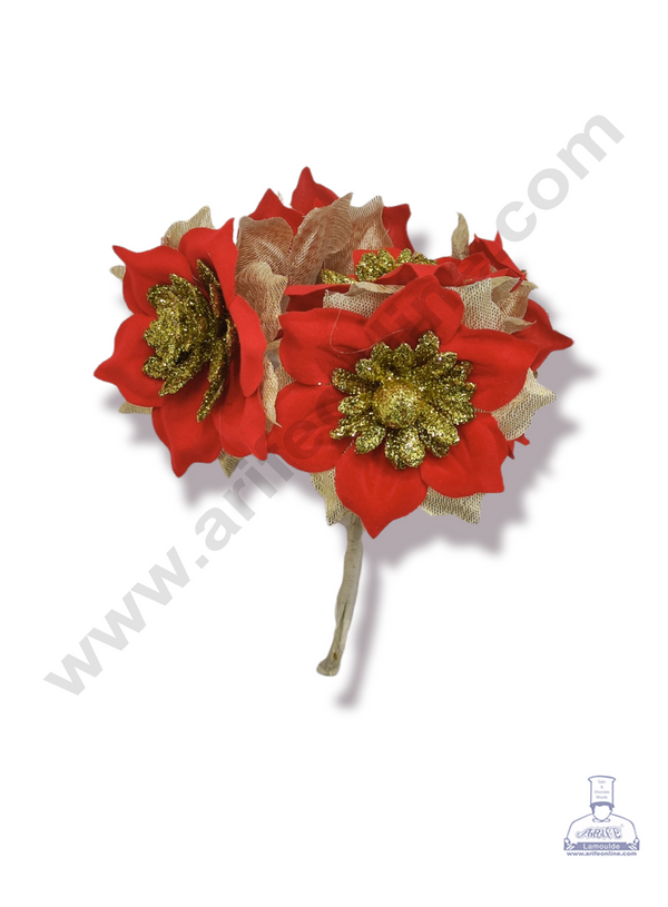 Cake Decor™ Medium Velvet Glitter Flower With Golden Petal Artificial Flower For Cake Decoration – Red ( 1 Bunch )