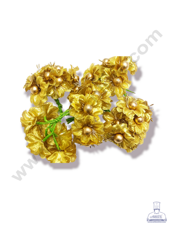 Cake Decor™ Medium Gold Stick Flower Artificial Flower For Cake Decoration – Gold ( 1 Bunch )
