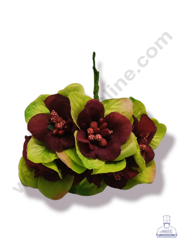 Cake Decor™ Medium Leaf Flower With Pollen Artificial Flower For Cake Decoration – Red ( 1 Bunch )