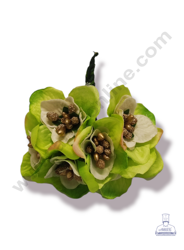 Cake Decor™ Medium Leaf Flower With Assorted Pollen Artificial Flower For Cake Decoration – Green ( 1 Bunch )