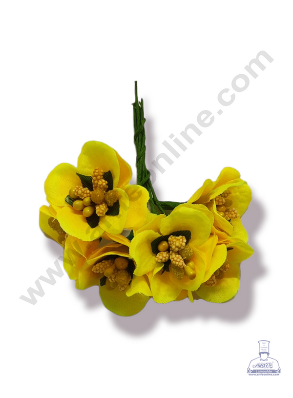 Cake Decor™ Medium Rose Flower With Pollen Artificial Flower For Cake Decoration – Yellow ( 1 Bunch )