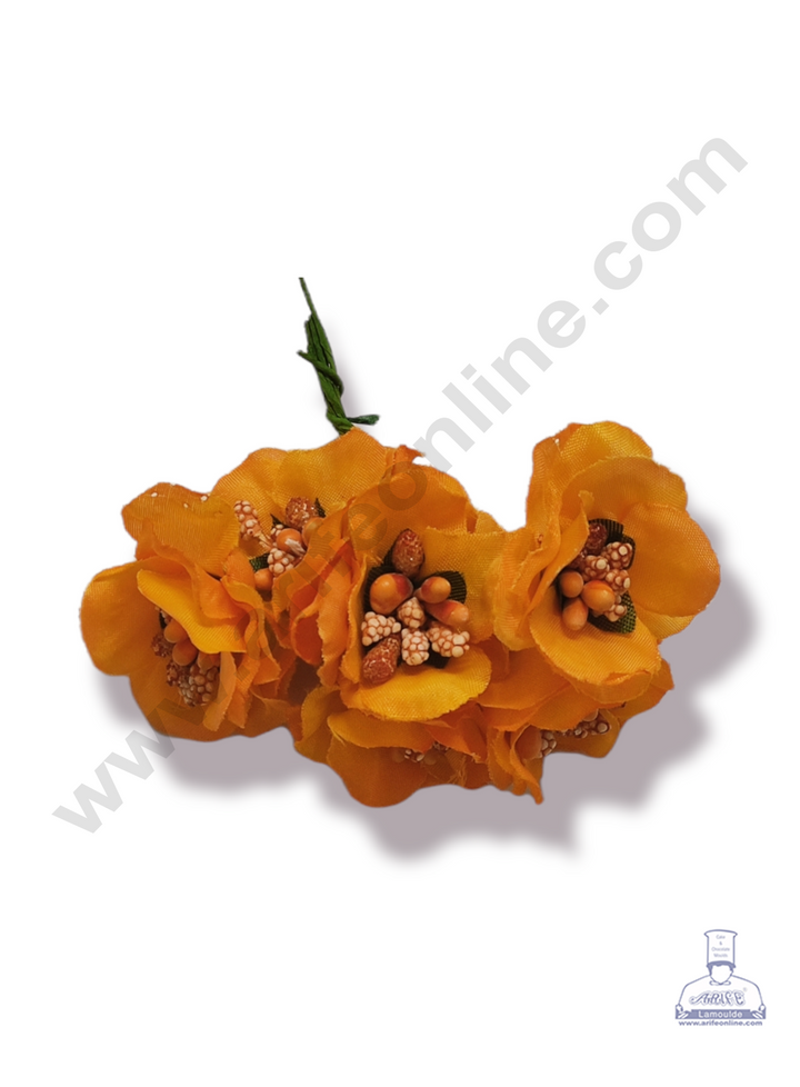 Cake Decor™ Medium Rose Flower With Pollen Artificial Flower For Cake Decoration – Orange ( 1 Bunch )