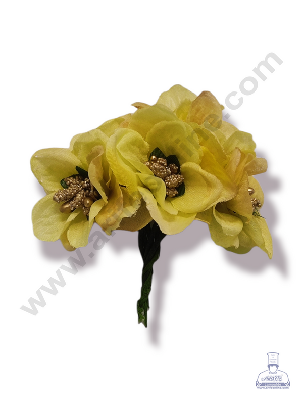 Cake Decor™ Medium Rose Flower With Pollen Artificial Flower For Cake Decoration – Light Yellow ( 1 Bunch )