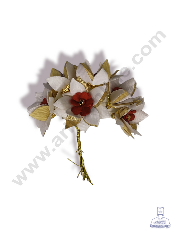 Cake Decor™ Medium Star Flower Artificial Flower For Cake Decoration – Red White & Golden Petal ( 1 Bunch )
