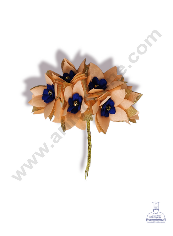 Cake Decor™ Medium Star Flower Artificial Flower For Cake Decoration – Blue Peach & Golden Petal ( 1 Bunch )