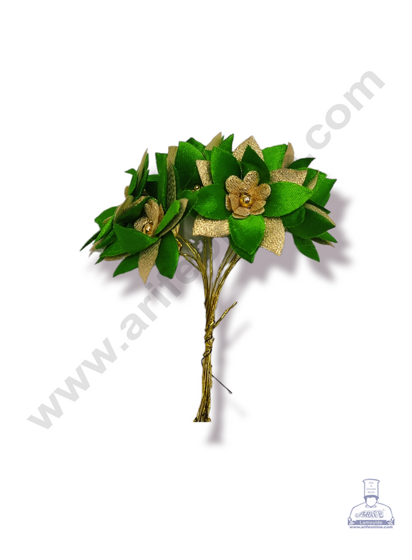 Cake Decor™ Medium Star Flower Artificial Flower For Cake Decoration – Leaf Green & Golden Petal ( 1 Bunch )